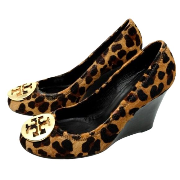 TORY BURCH~Sophie Wedge Pump~PONY HAIR LEOPARD PRINT HEELED SHOES~SIZE 7.5 - Picture 1 of 7